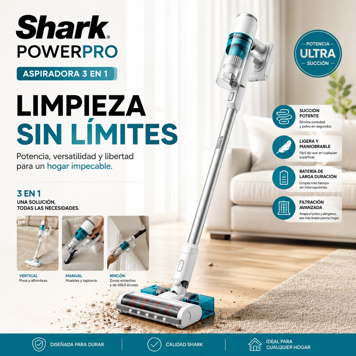 Shark PowerPro™ - Aspiradora Inalámbrica 2 en 1 (Superligera y Portátil)