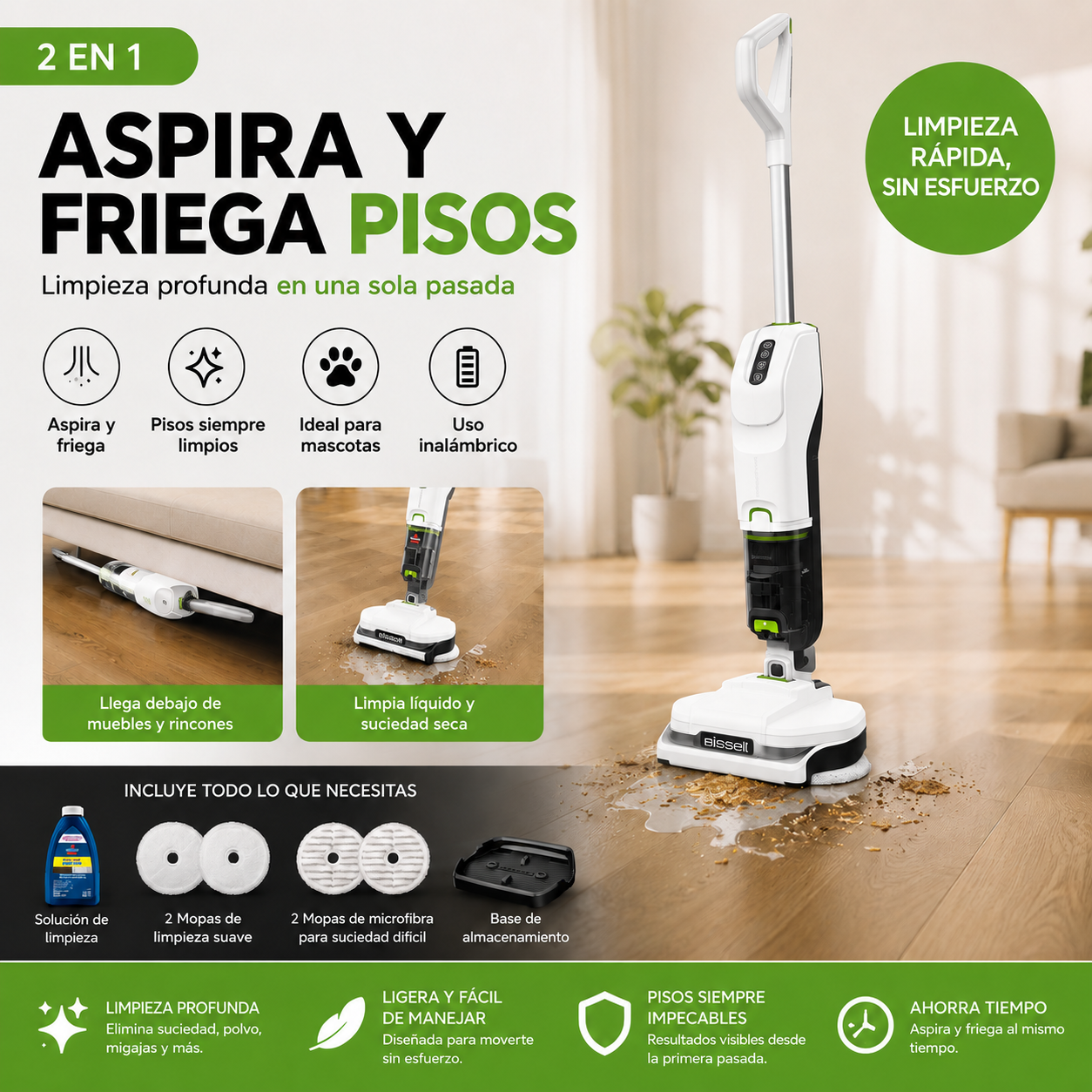 BISSELL -Aspiradora Inalámbrica 2 en 1 Blanca (Superligera y Portátil)