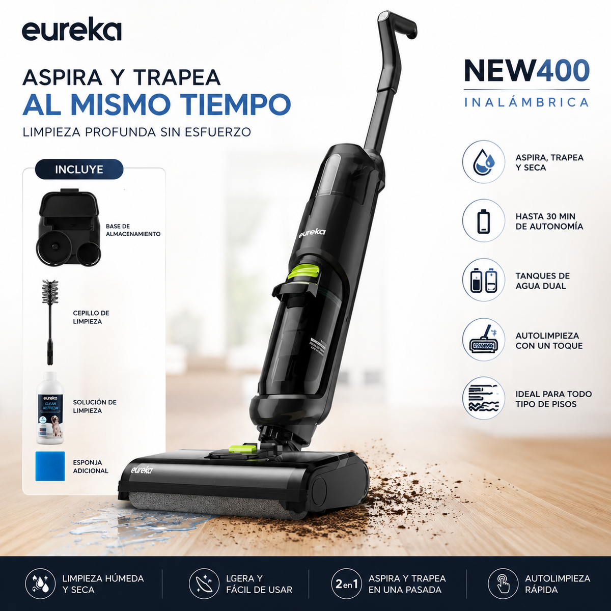 Aspiradora Inalámbrica 2 en 1 Blanca Eureka- Aspira y Trapea al Mismo Tiempo