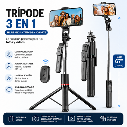 TRIPODE SOPORTE EXTENSIBLE ORIGINAL con Control Remoto y Altura Ajustable