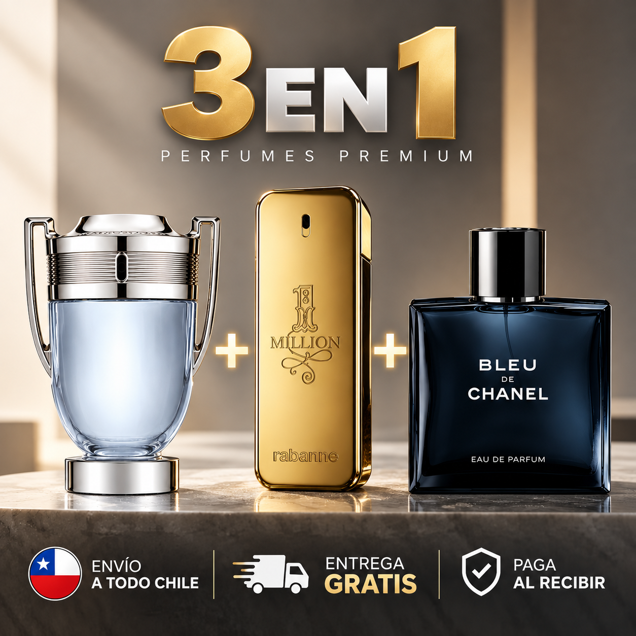 Pack 3x1 Perfumes Hombre |  INDIAN COLECTION Invictus + 1 Million + Bleu de Chanel
