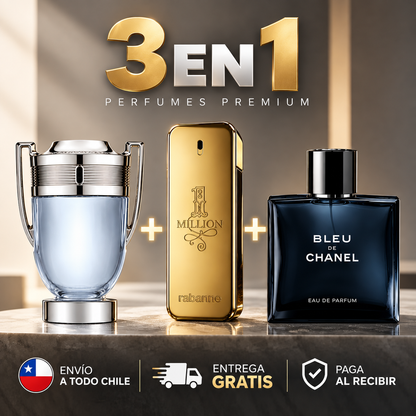 Pack 3x1 Perfumes Hombre |  INDIAN COLECTION Invictus + 1 Million + Bleu de Chanel