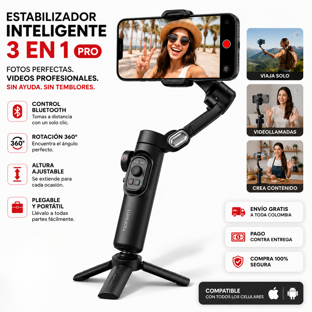 TRIPODE SOPORTE EXTENSIBLE ORIGINAL con Control Bluetooth – Fotos y Videos Estables a Distancia